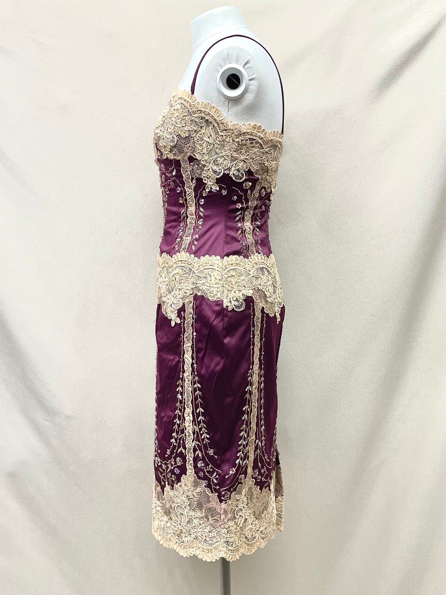 Y2K Mandalay Deadstock Bodycon Midi Dress – Purple & Champagne, Size 6