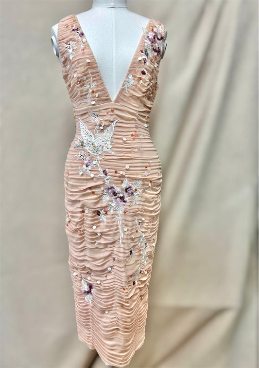 Ruched embroidered blush silk Mandalay dress size 6