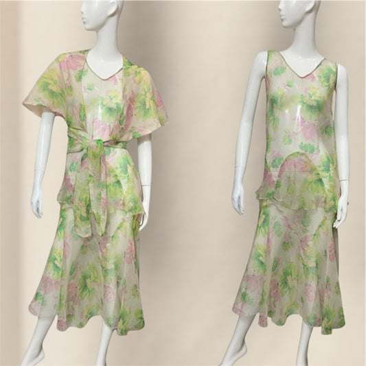 30’s Pink & Green Floral Print Silk Crepe Dress with Matching Capelet and Belt