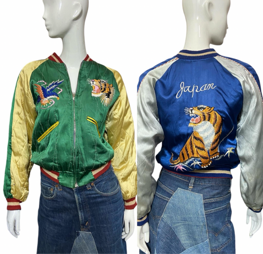 REVERSIBLE 50’s Satin Bomber Japan Souvenir Jacket with Tiger, Eagle and Map Embroidery