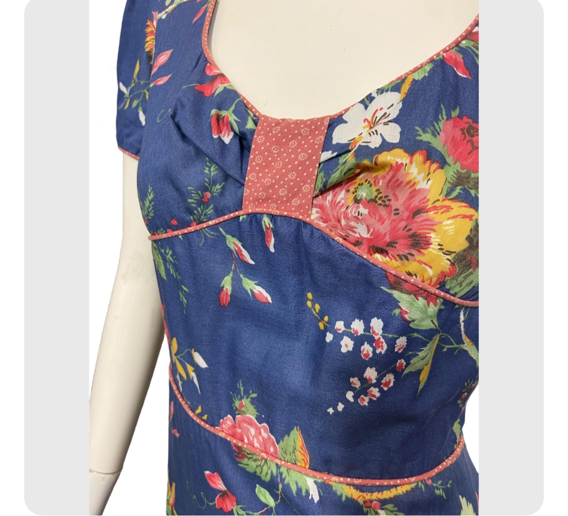 70’s Floral Cotton Maxi-Dress with Short Sleeves and Swiss Waist