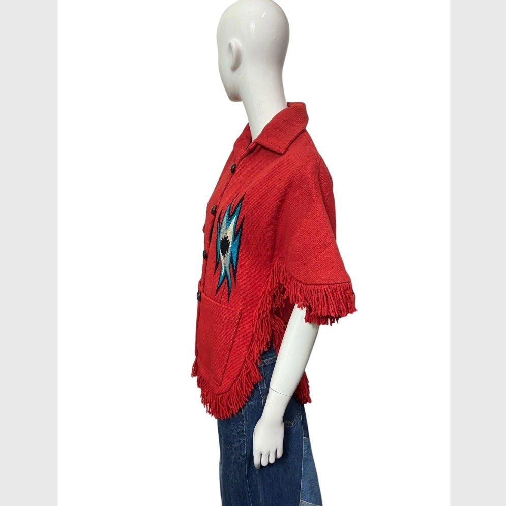 50’s Red Wool Chimayo Poncho Style Jacket with Fringe Trim