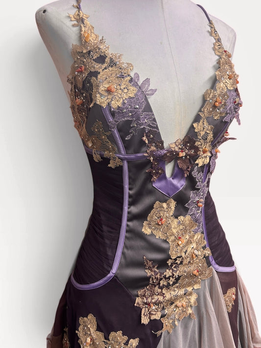 Mandalay Long Layered Silk Gown with Lace and Beaded Details Brown and Lavender size 10