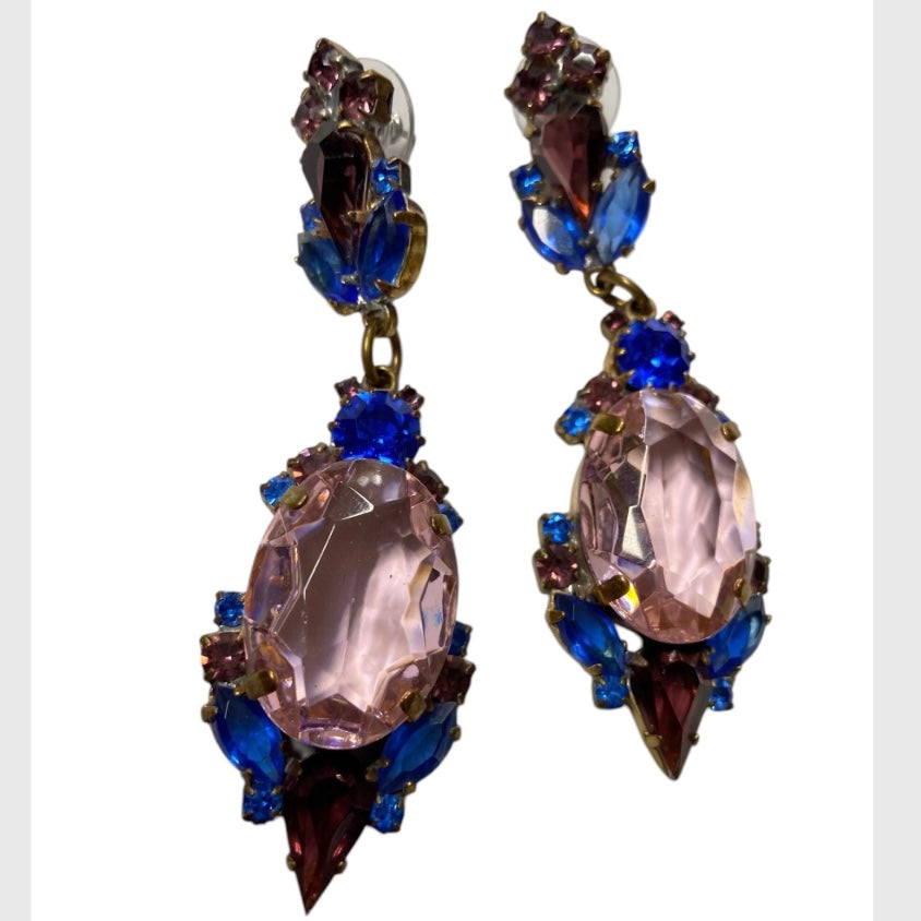80’s Glass Gem Drop Earrings in Pink, Purple & Blue Pierced Ears