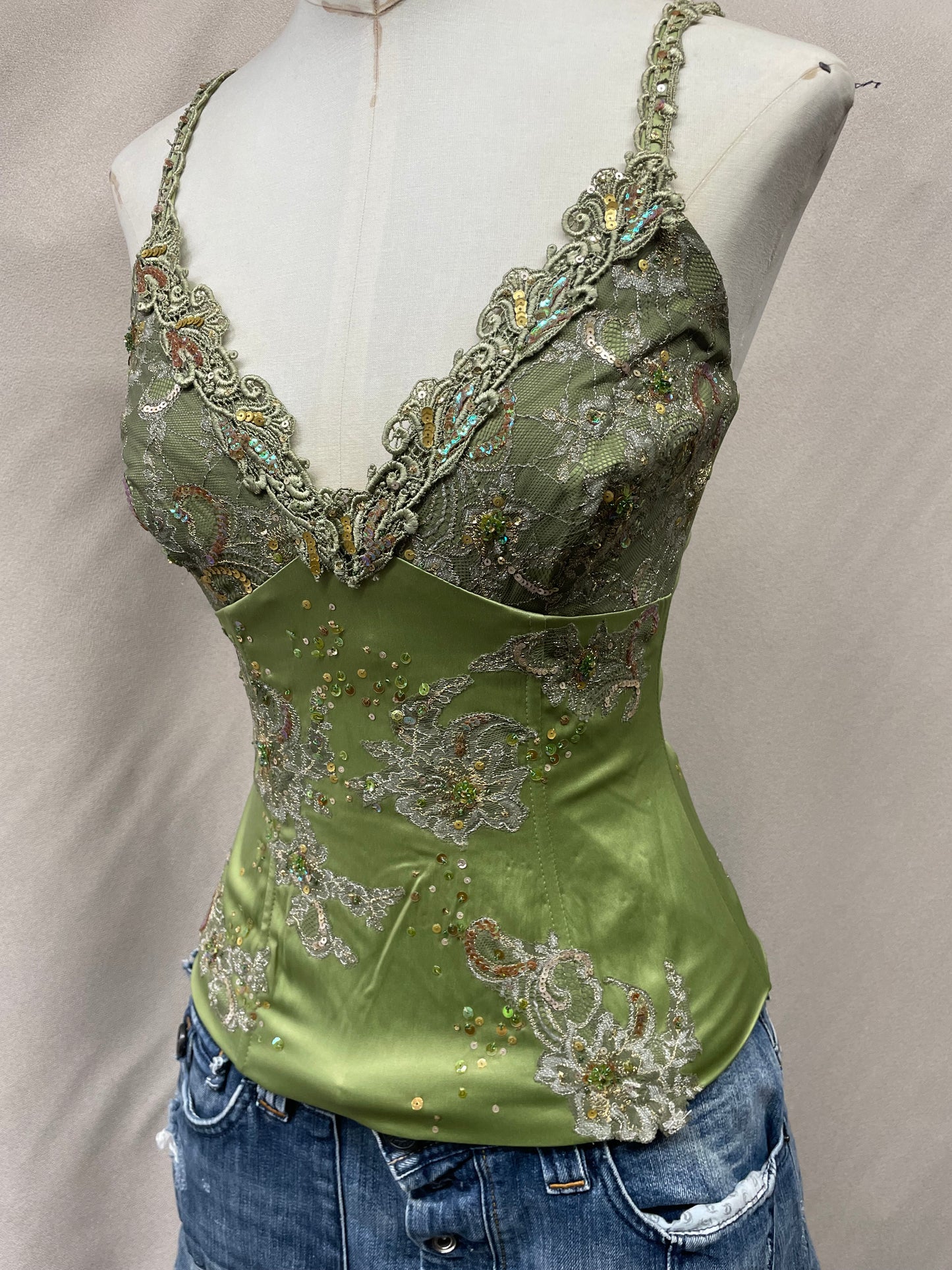 Vintage Y2K Deadstock Mandalay Satin Beaded Corset Top | Green Lace & Sequin Embellished (sz 14)