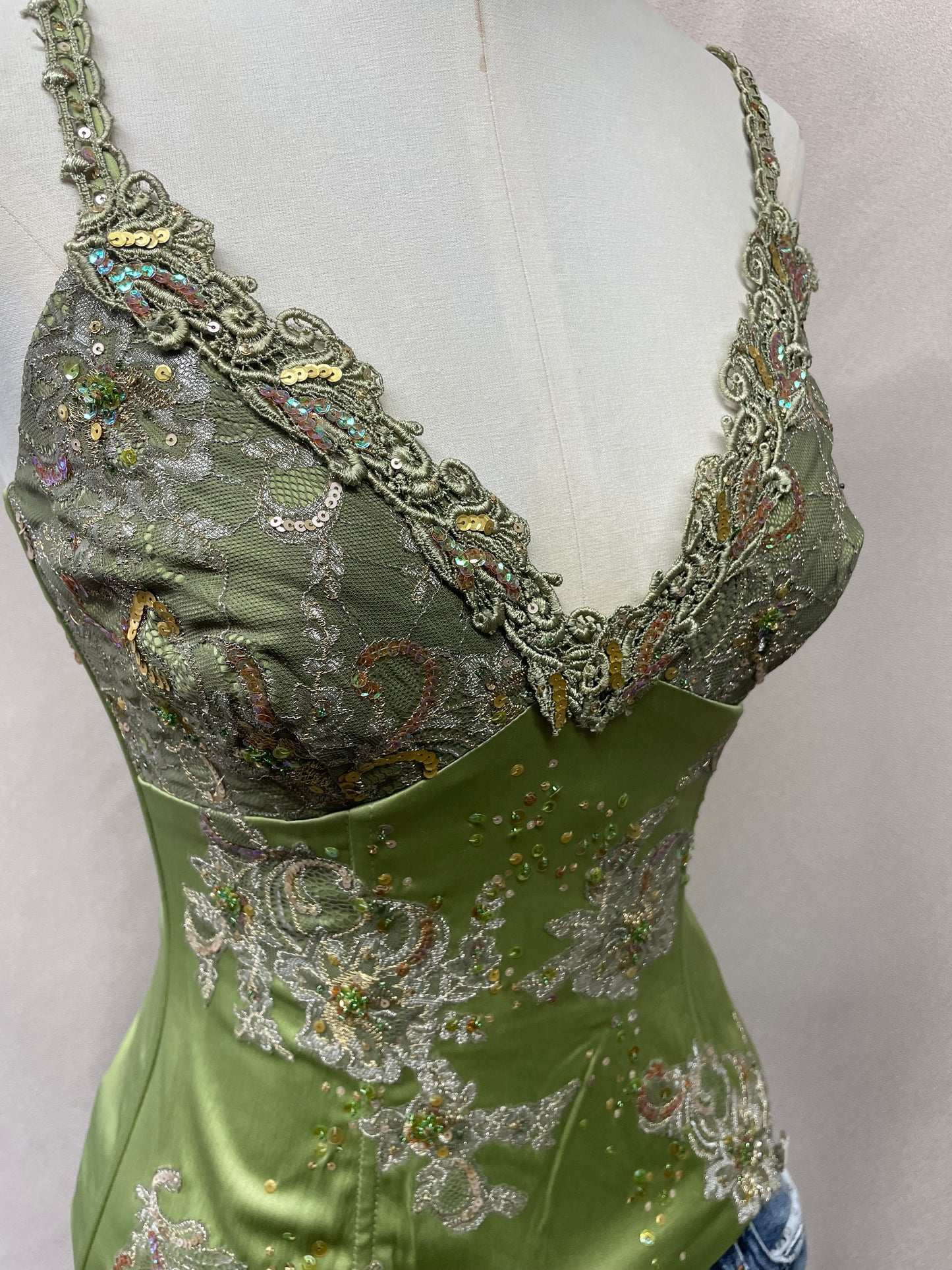 Vintage Y2K Deadstock Mandalay Satin Beaded Corset Top | Green Lace & Sequin Embellished (sz 14)