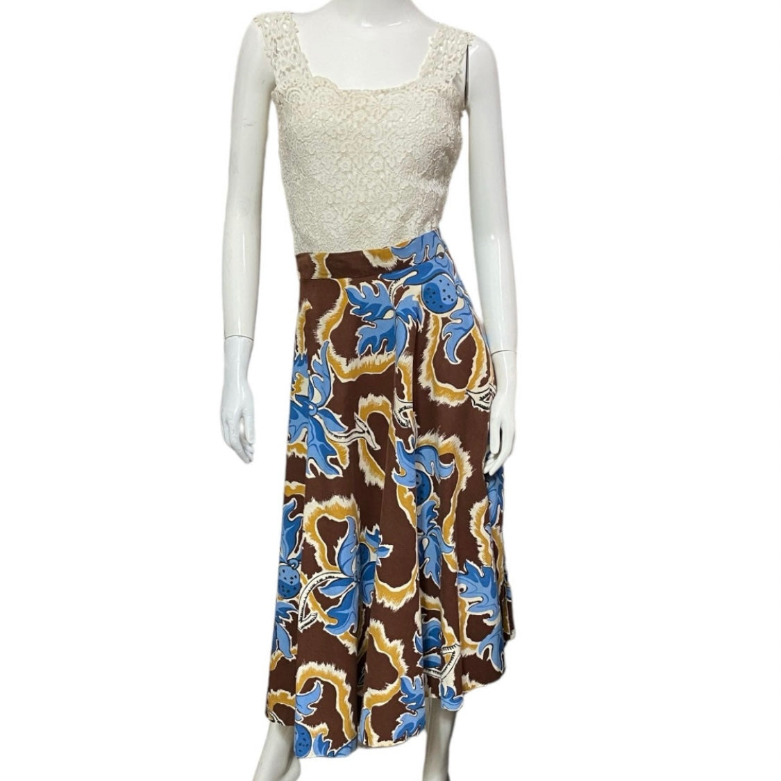 40’s Stylized Fruit and Branch Print Cotton Skirt