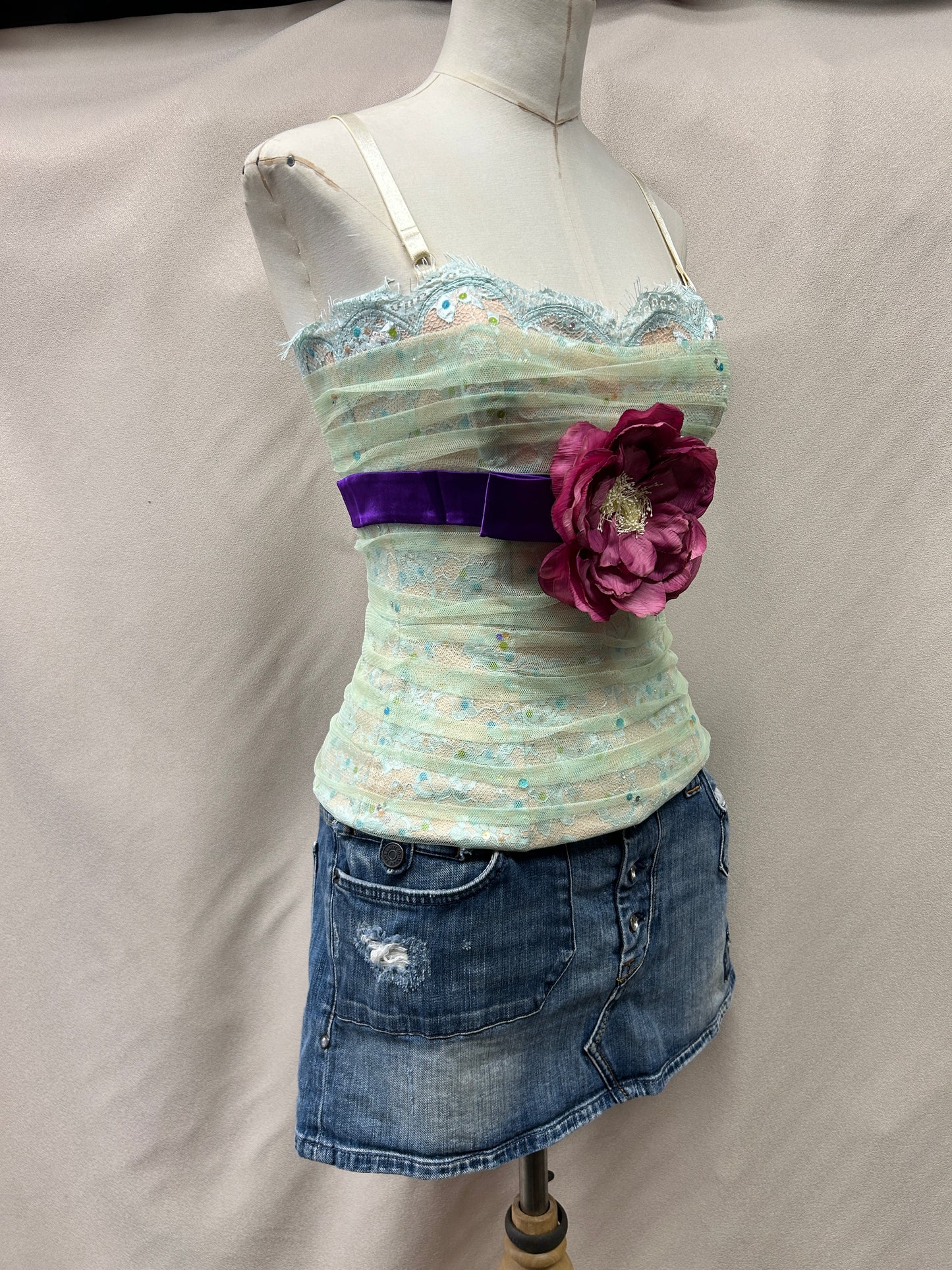 Vintage Deadstock Y2K Mandalay Lace & Sequin Mesh Cami Top | Pastel Green, Adjustable Straps