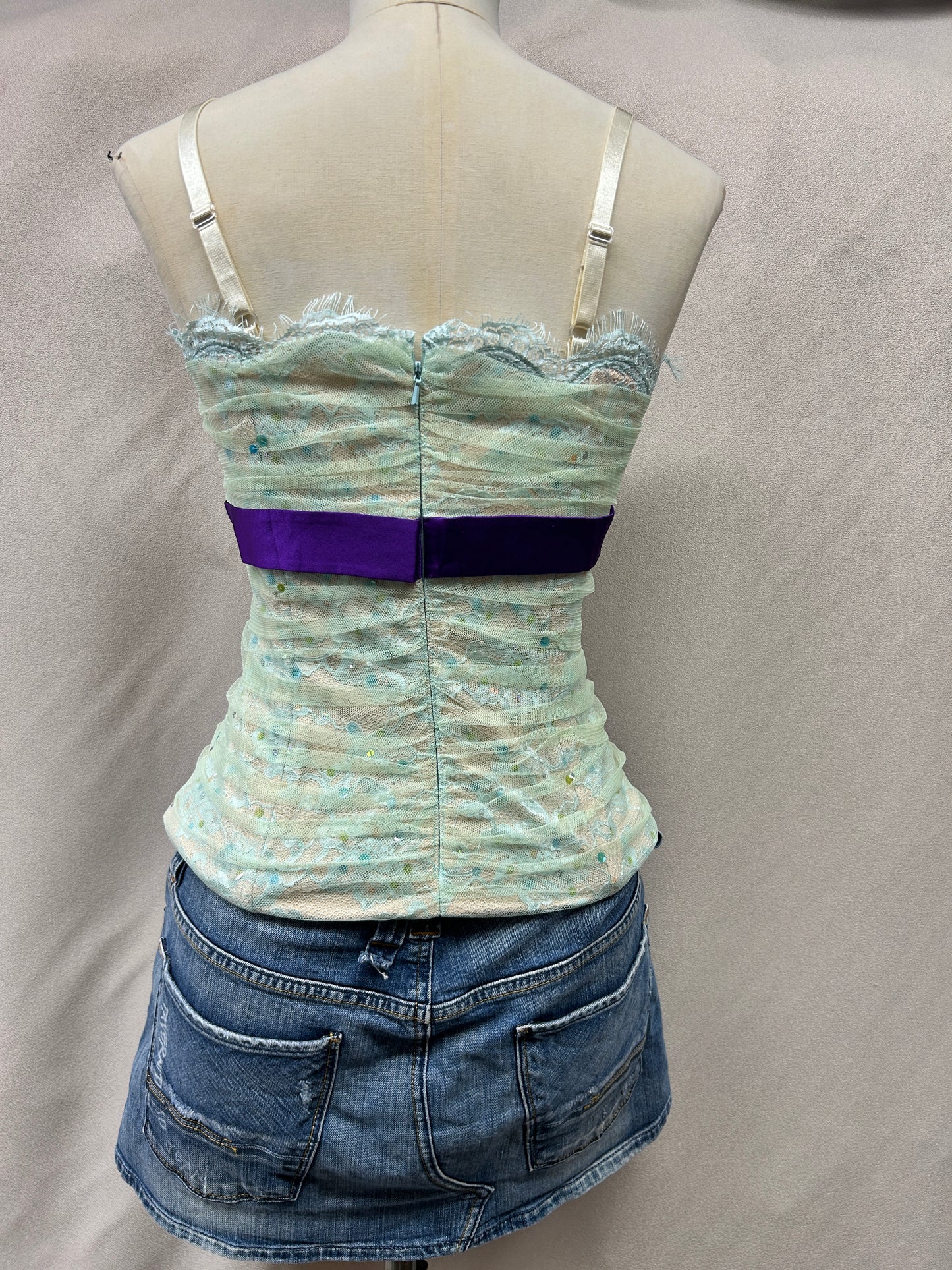 Vintage Deadstock Y2K Mandalay Lace & Sequin Mesh Cami Top | Pastel Green, Adjustable Straps