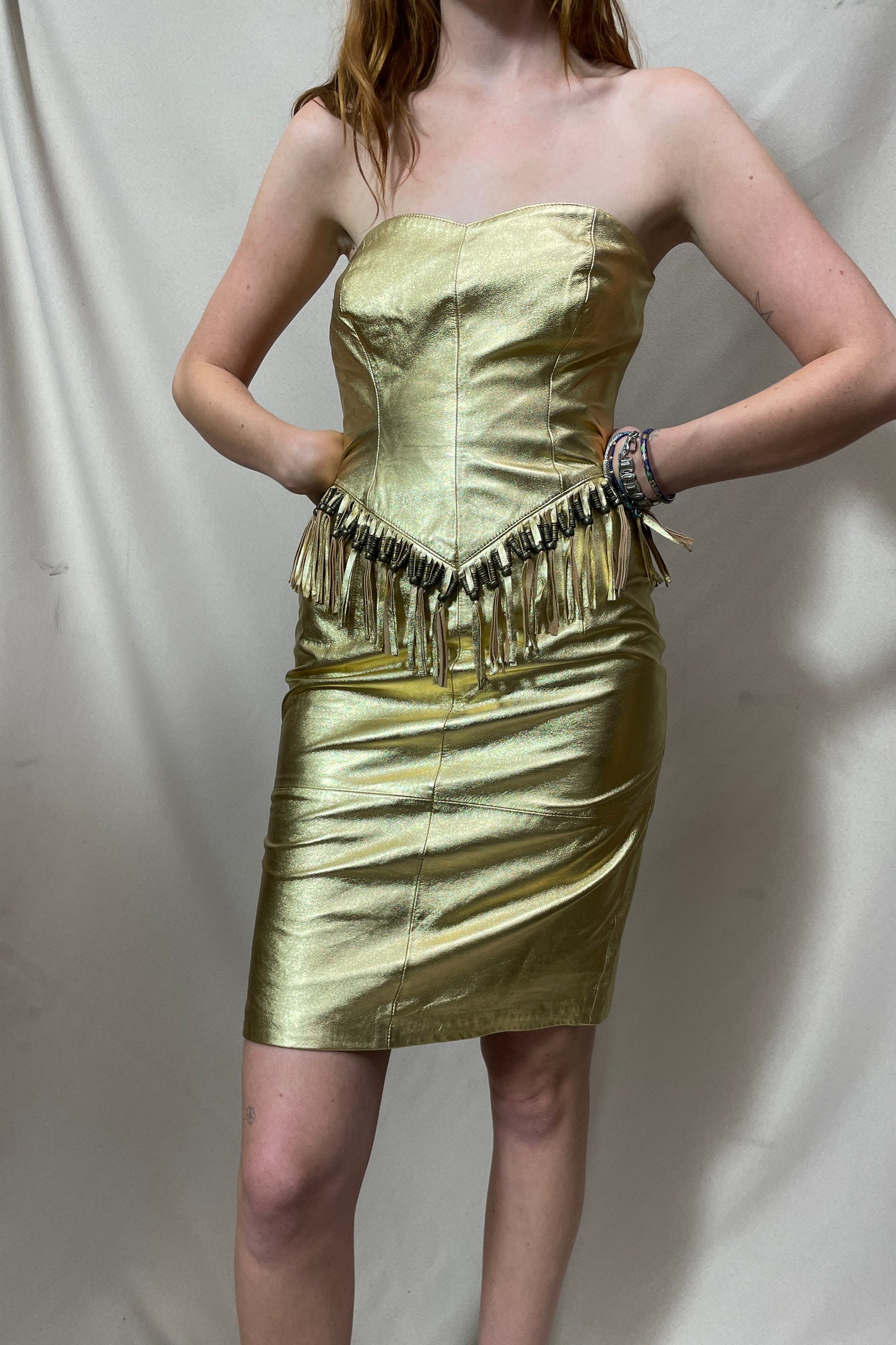 Gold leather strapless fringe party dress Selected by Cannonball and Tilly