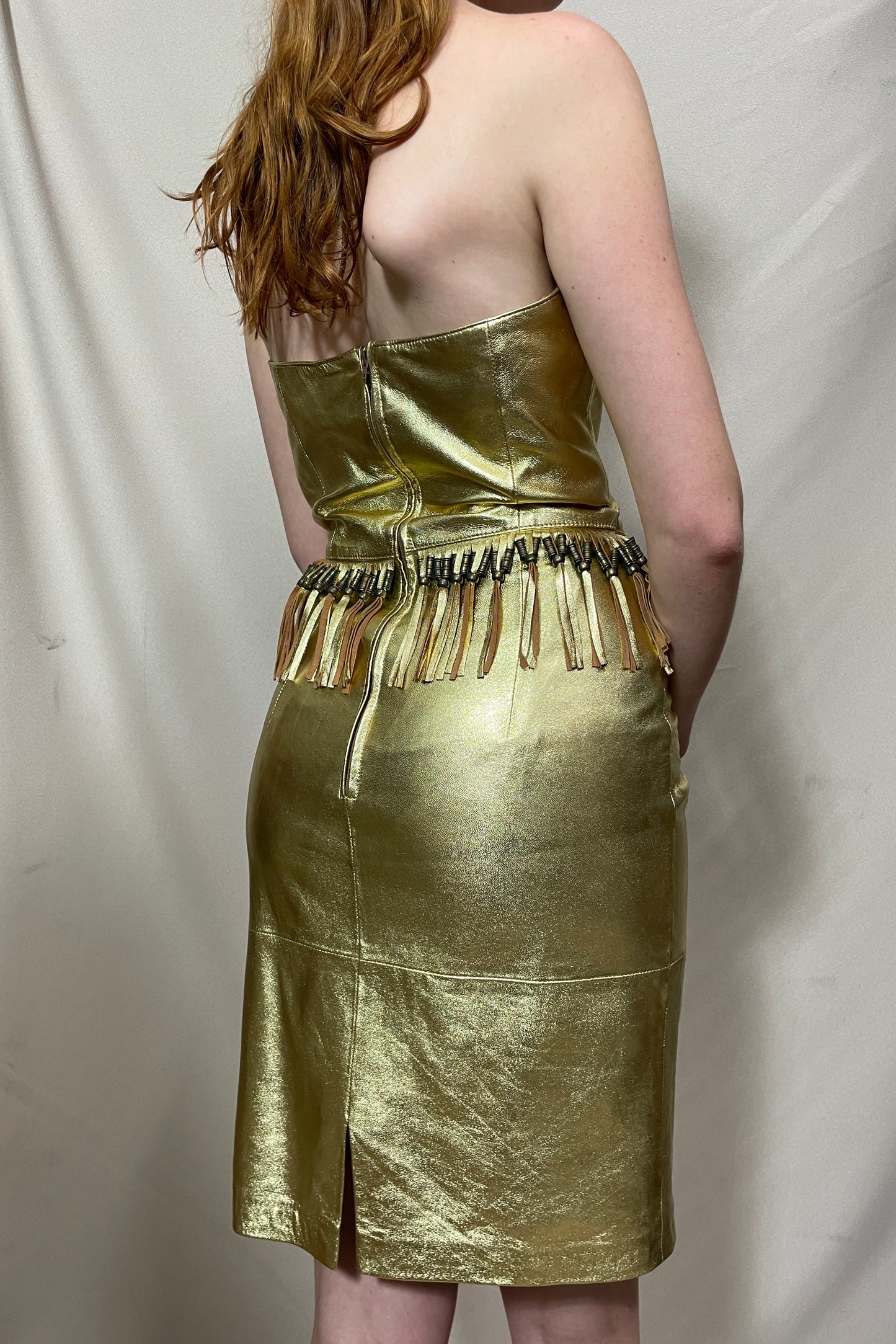 Gold leather strapless fringe party dress Selected by Cannonball and Tilly
