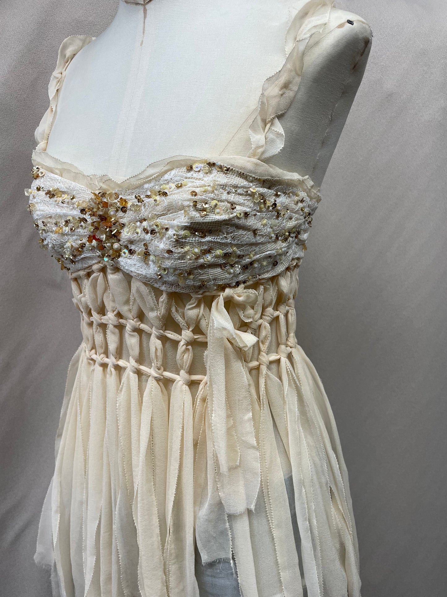 Y2K Vintage Deadstock Mandalay Ribbon Fringe Top – Lace, Beaded & Sequined (Size 10)