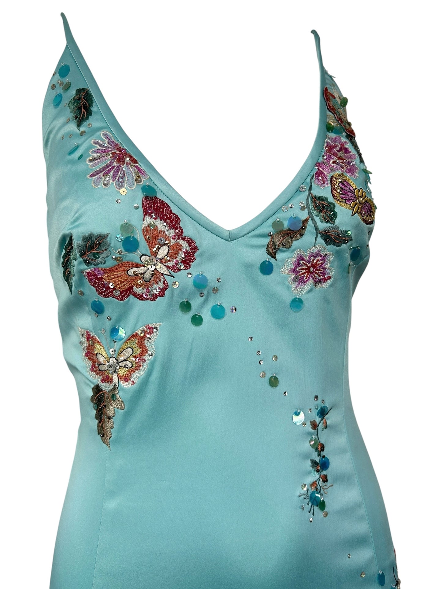 Mandalay Aqua Silk Butterfly Embroidered Dress – Deadstock Y2K Beaded Slip Dress | Size 8