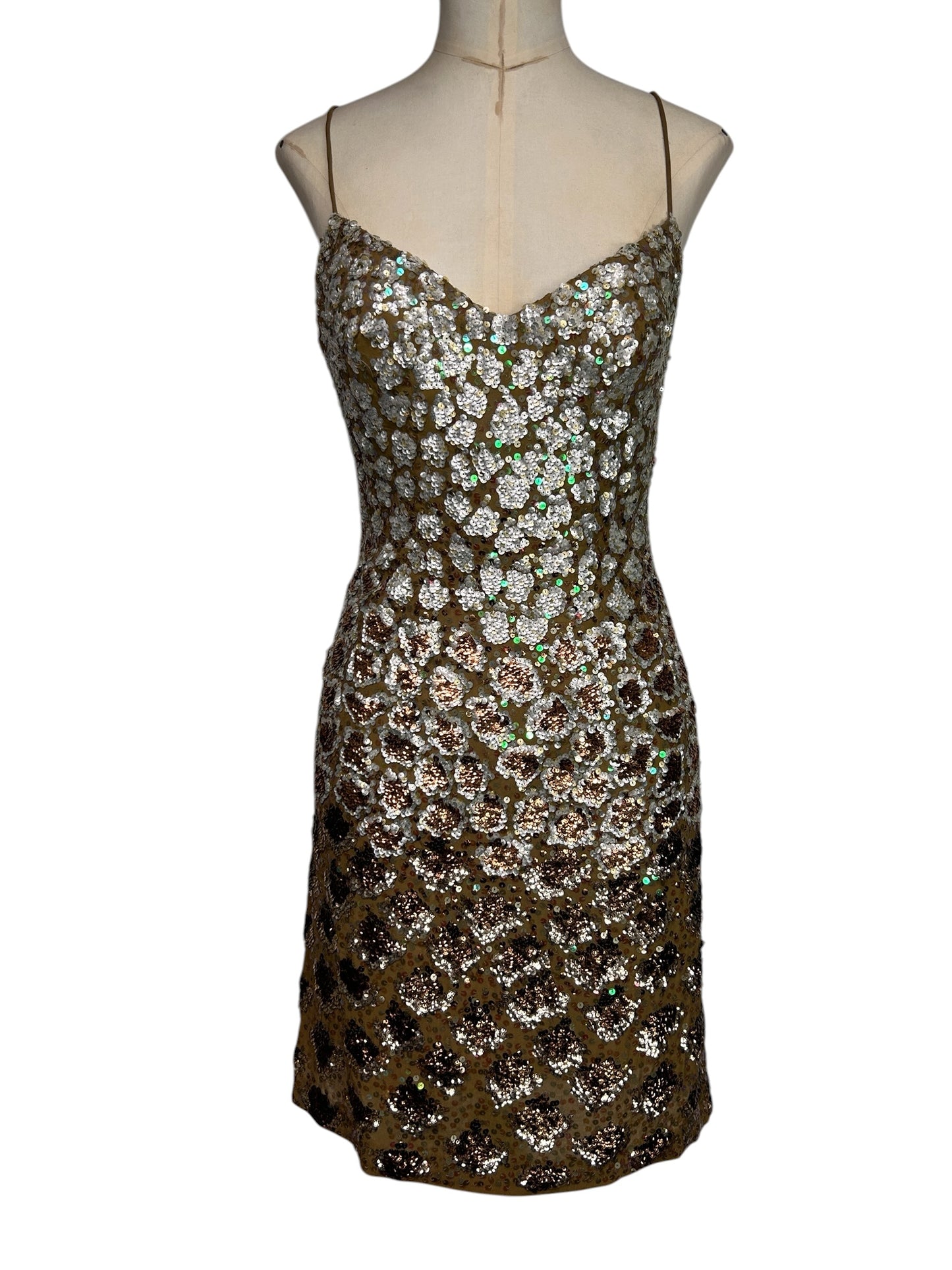 Deadstock Mandalay Bronze Sequin Silk Chiffon Dress — Size 6 — Embellished Vintage Mandalay