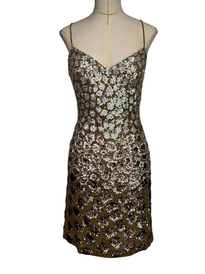 Deadstock Mandalay Bronze Sequin Silk Chiffon Dress — Size 6 — Embellished Vintage Mandalay