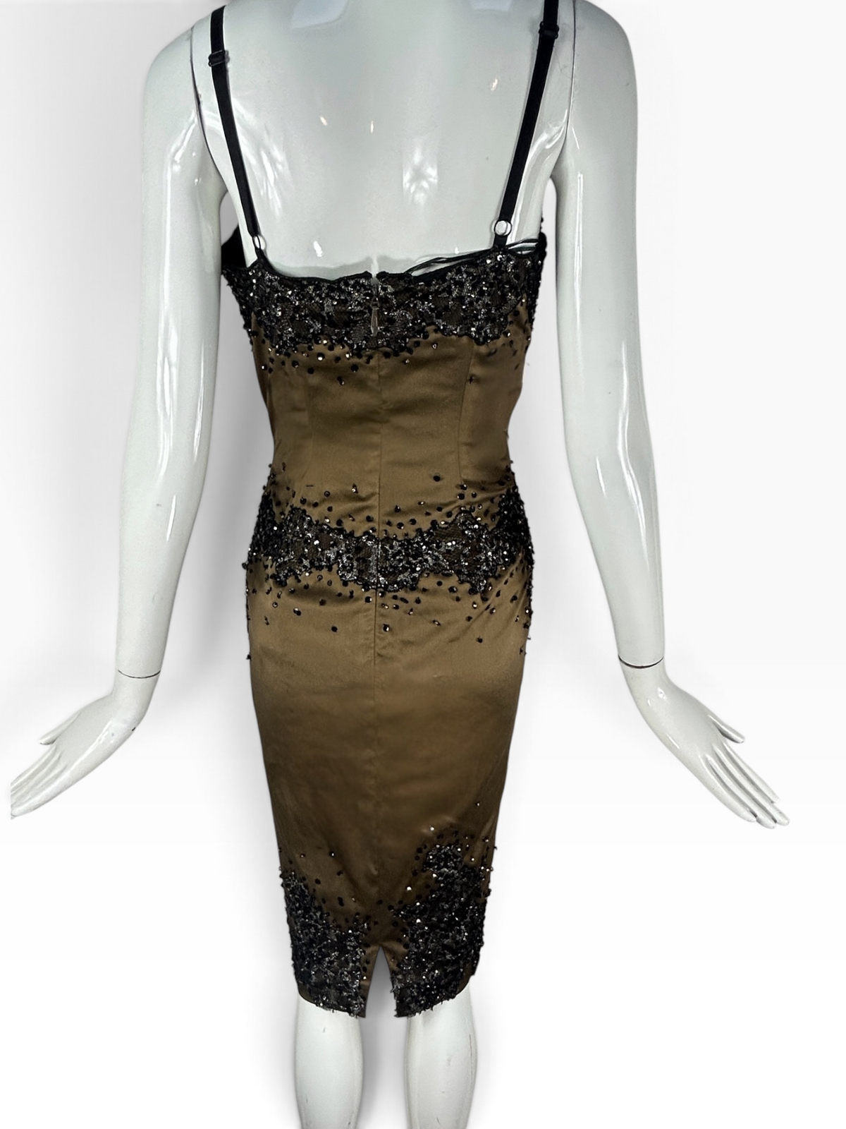 Deadstock Mandalay Bronze Stretch Satin Embroidered Dress – Size 6