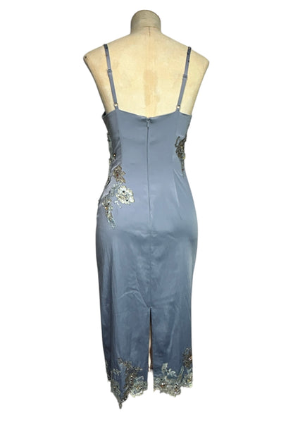 Deadstock Mandalay French Blue Wrap Stretch Satin Beaded Embroidered Dress — Size 6