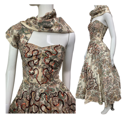 1950s strapless paisley print sequined dress