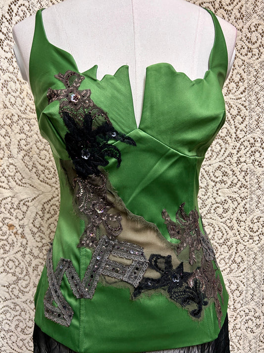Deadstock Y2K Mandalay Emerald Satin Corset Top — Hand-Embellished Lace