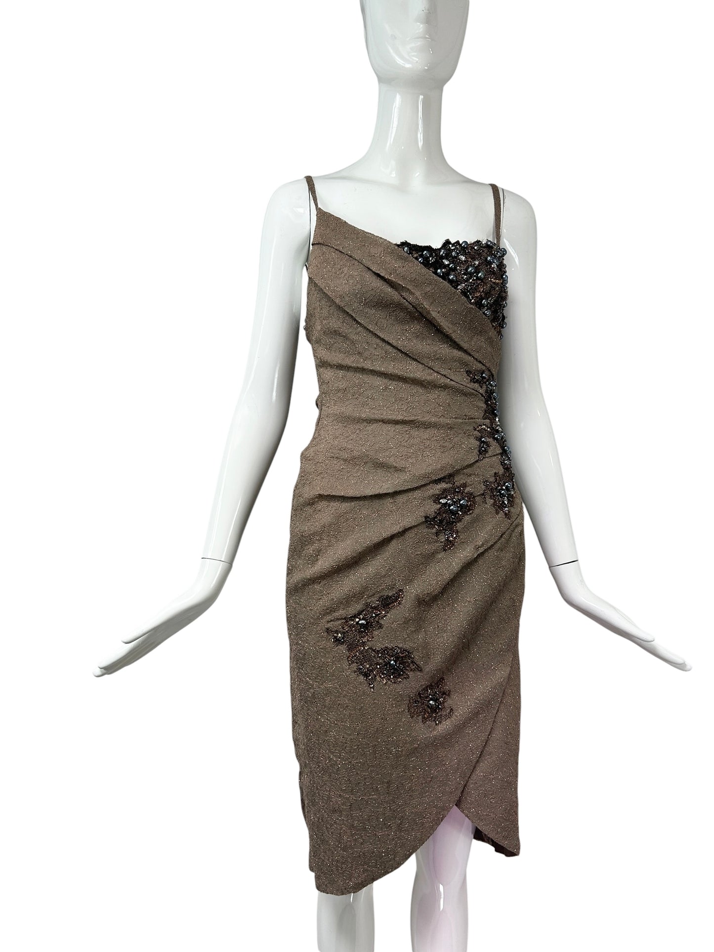 Mandalay Cocoa Embroidered Wrap Dress – Deadstock Beaded Cocktail Dress | Size 6