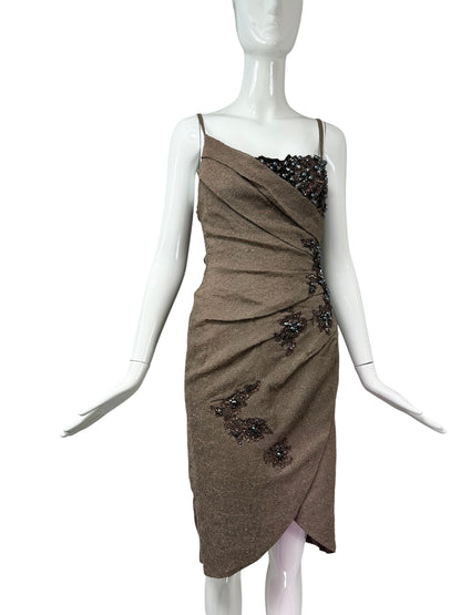 Mandalay Cocoa Embroidered Wrap Dress – Deadstock Beaded Cocktail Dress | Size 6