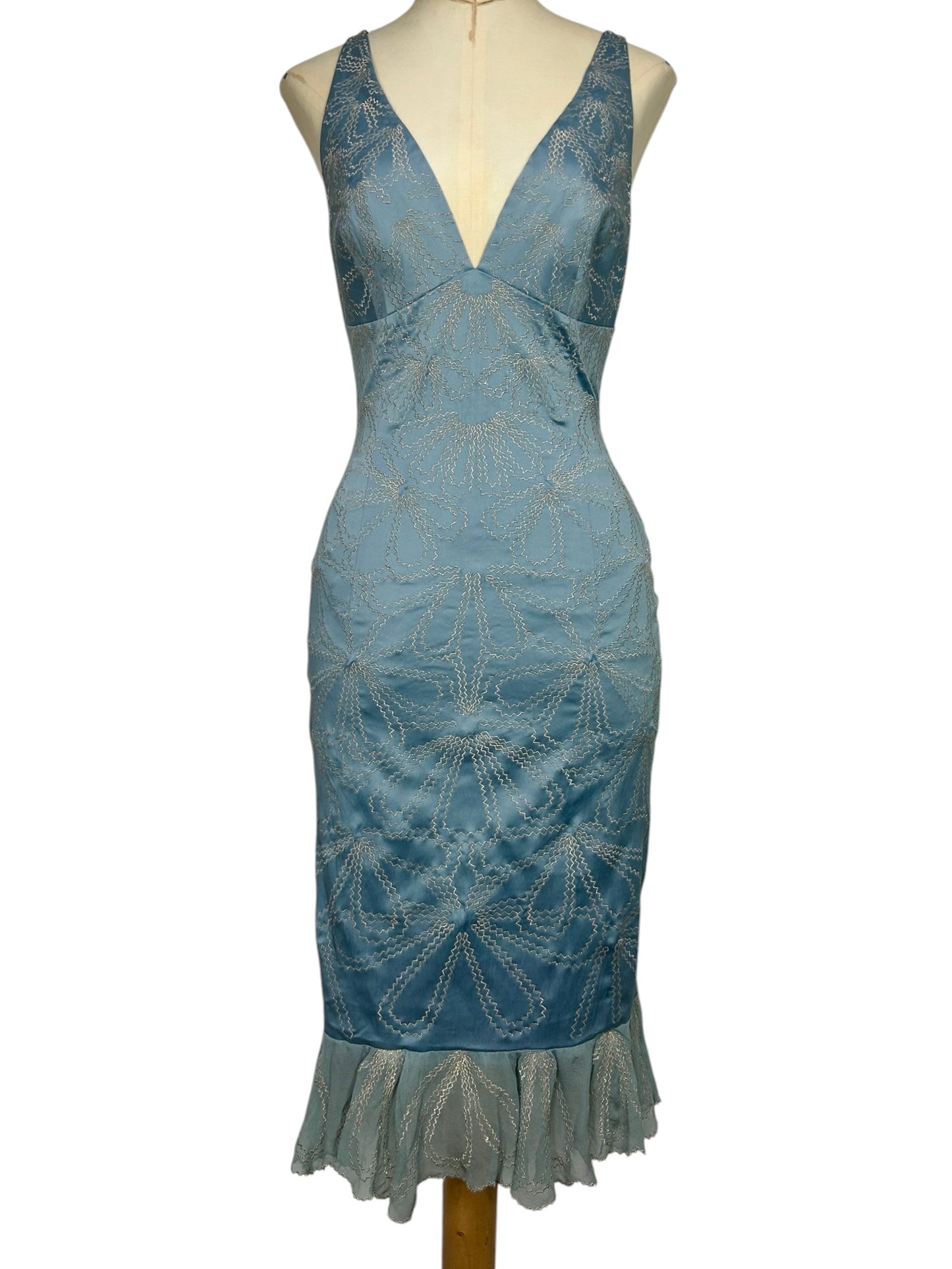 Deadstock Mandalay Sky Blue Satin Embroidered Mermaid Dress – Y2K Silver Embroidery Silk Chiffon Hem Cocktail Dress Size 6