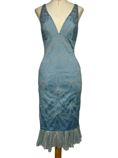 Deadstock Mandalay Sky Blue Satin Embroidered Mermaid Dress – Y2K Silver Embroidery Silk Chiffon Hem Cocktail Dress Size 6
