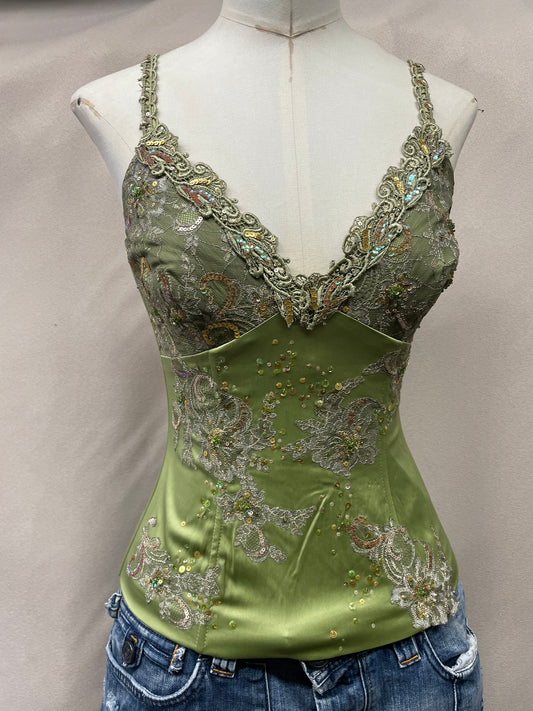 Vintage Y2K Deadstock Mandalay Satin Beaded Corset Top | Green Lace & Sequin Embellished