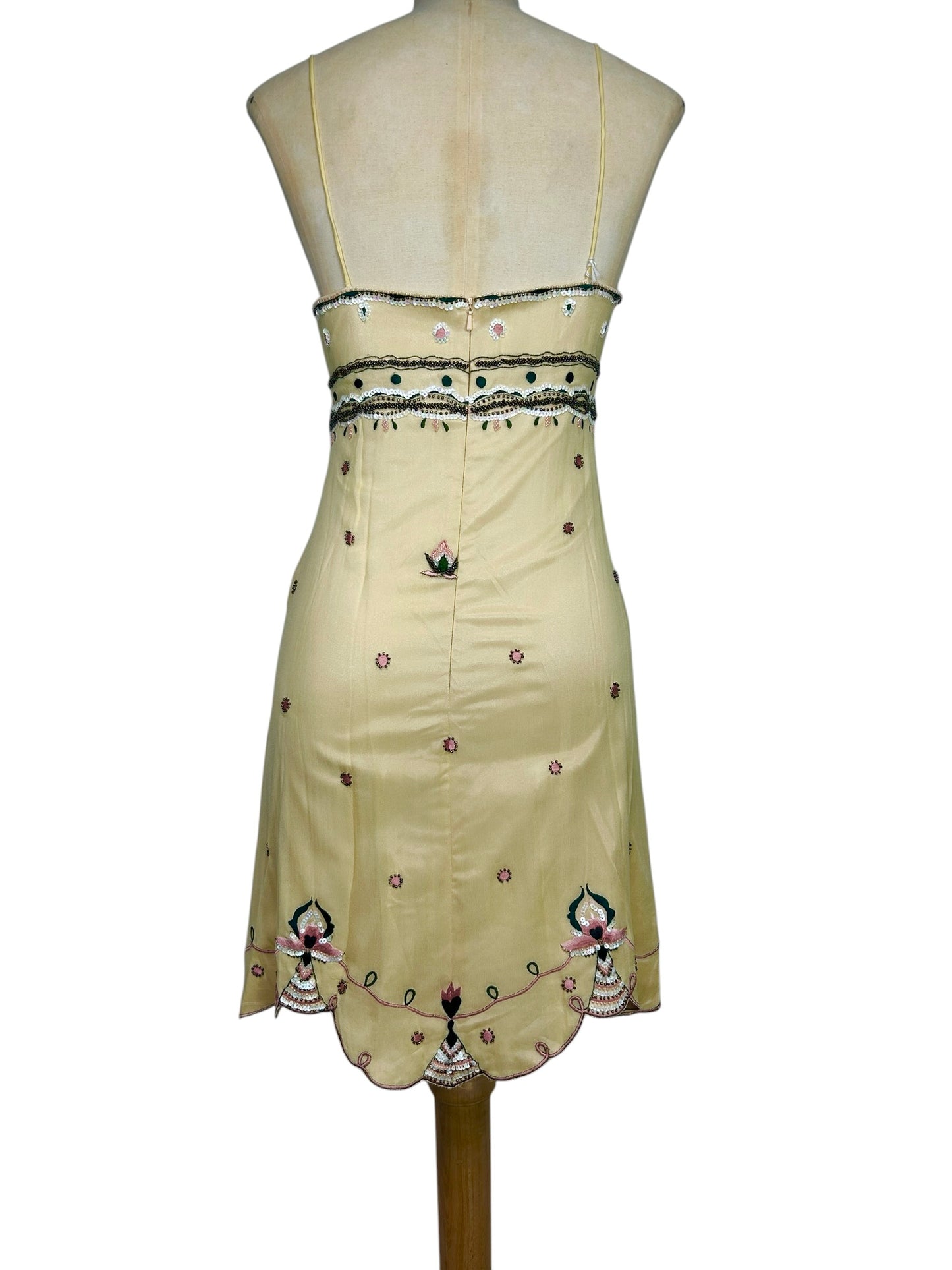 Deadstock Mandalay Butter Yellow Silk Chiffon Beaded Mini Dress with Pink Embroidery – Size 6