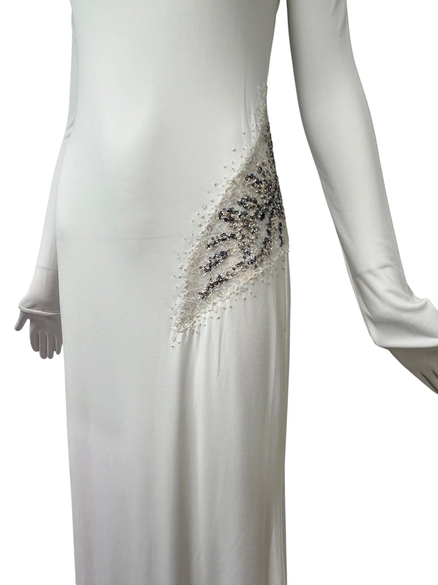 Mandalay Deadstock White Backless Stretch Jersey Gown | Y2K Maxi Dress | Wedding or Bridal Reception Dress size 10 and 8