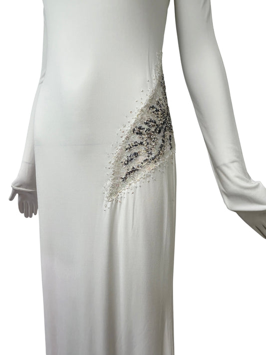 Mandalay Deadstock White Backless Stretch Jersey Gown | Y2K Maxi Dress | Wedding or Bridal Reception Dress size 10 and 8