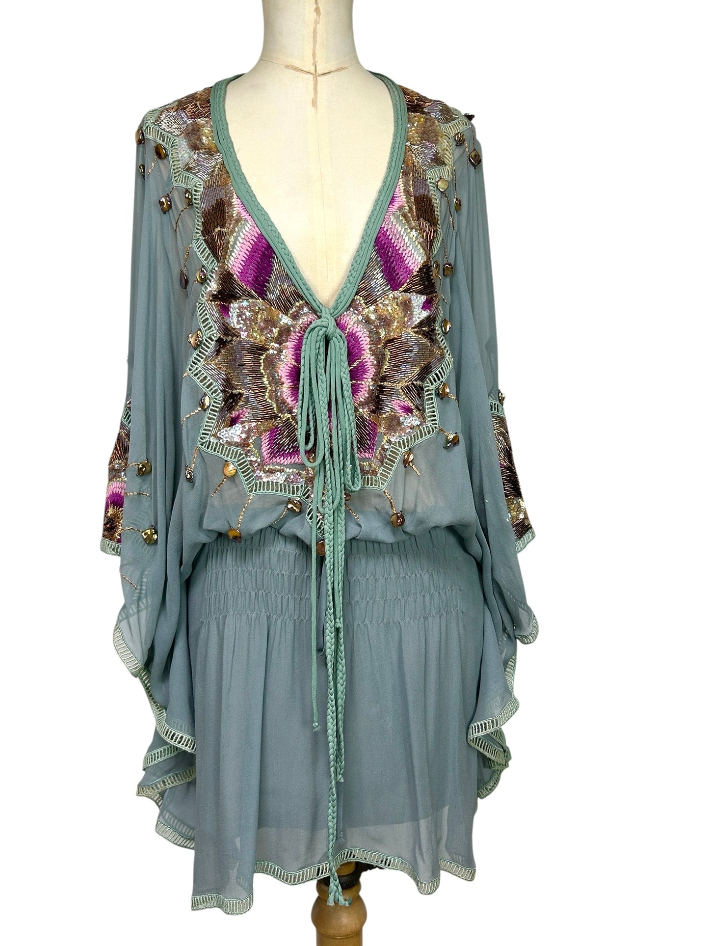 Robin Egg Blue Silk Chiffon Beaded  Mandalay deadstock Tunic size 6