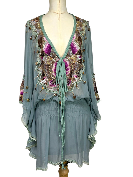 Robin Egg Blue Silk Chiffon Beaded  Mandalay deadstock Tunic size 6