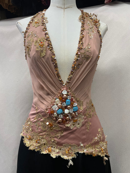 Y2K Vintage Deadstock Mandalay Halter Corset Top – Blush Satin with Beading, Lace & Stones (Size 8)