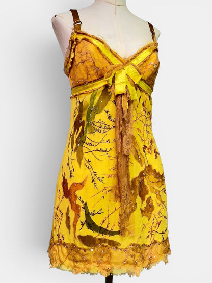 Mandalay One-of-a-Kind Silk Chiffon Beaded Fairy Babydoll Dress | Golden Chartreuse Appliqué | Size 6
