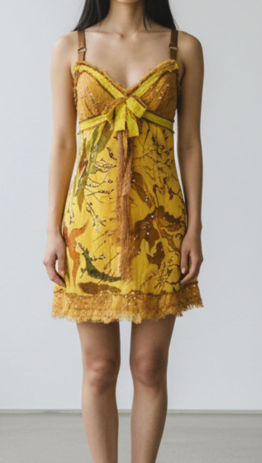 Mandalay One-of-a-Kind Silk Chiffon Beaded Fairy Babydoll Dress | Golden Chartreuse Appliqué | Size 6