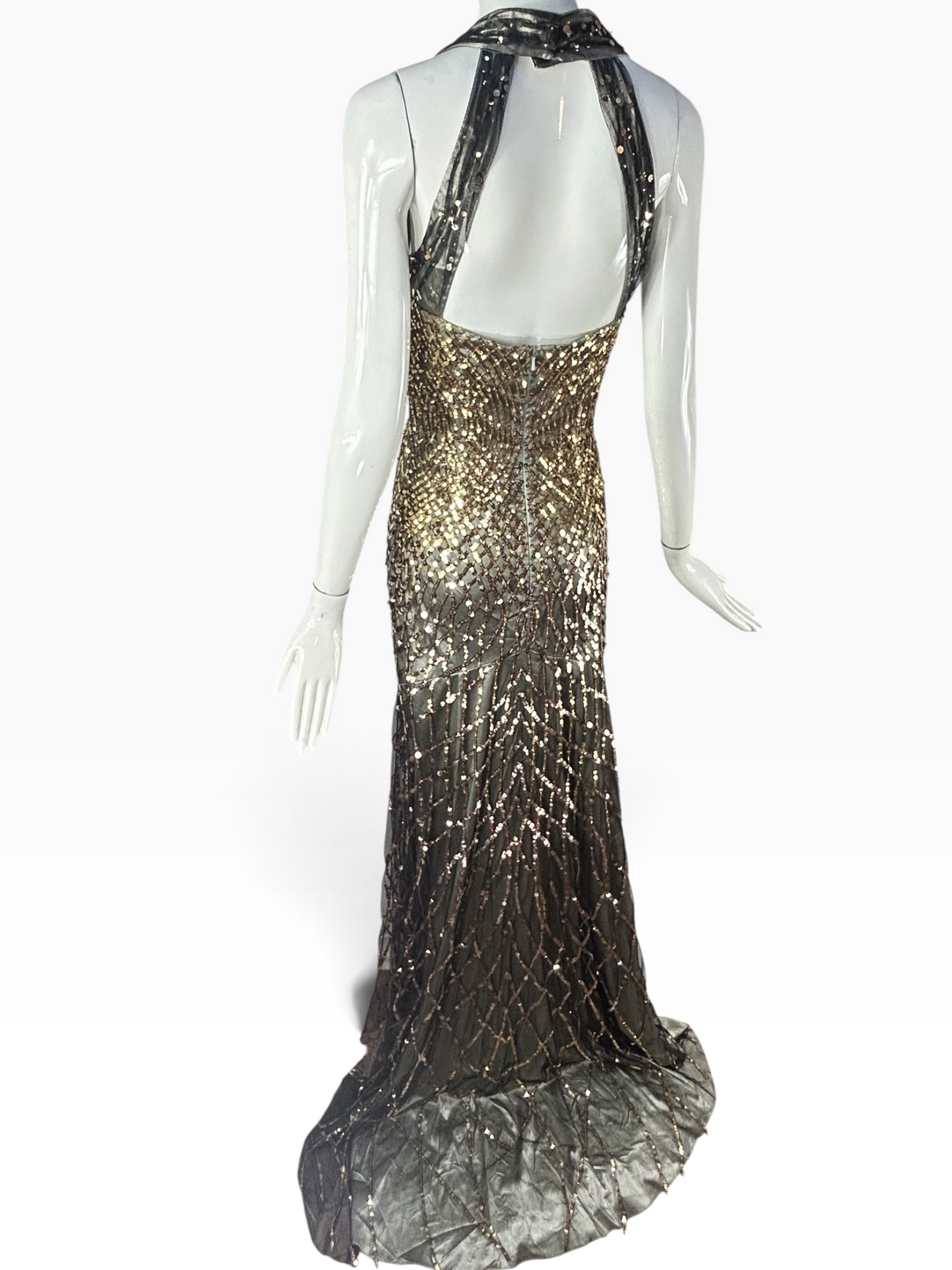 Deadstock Mandalay Gold Sequin & Black Mesh Halter Gown – Size 6
