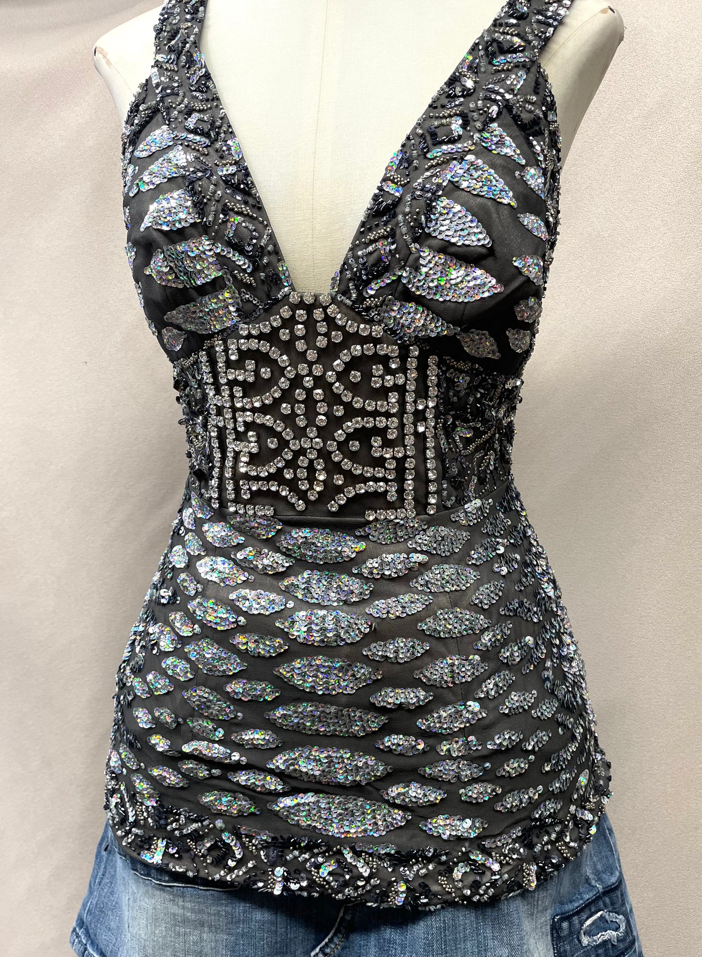 Vintage Deadstock Y2K Mandalay Rhinestone & Sequin Halter Top (Size 6)