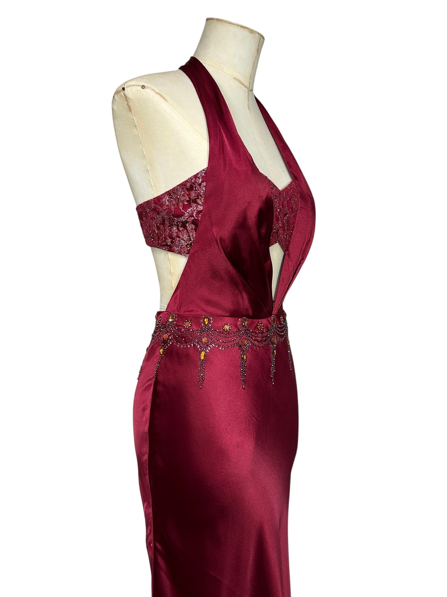 Deadstock Mandalay Burgundy Satin Cutout Halter Gown – Size 2