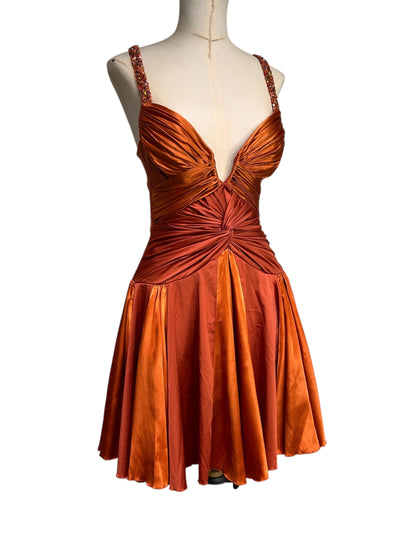 Deadstock Mandalay Burnt Copper Silk Satin Beaded Strap Dress — Size 6
