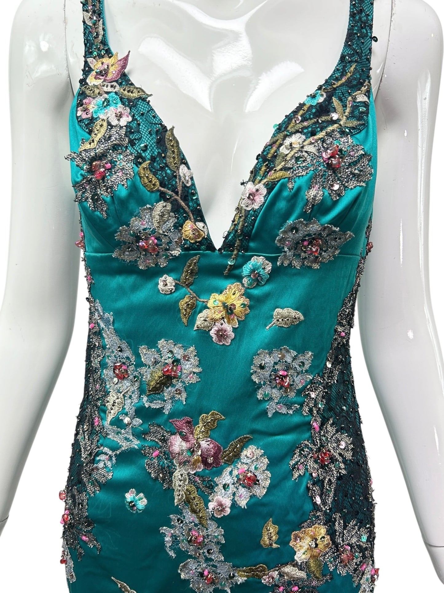 Mandalay Peacock Stretch Satin Beaded Cocktail Dress – Deadstock Y2K Embroidered Dress | Size 6
