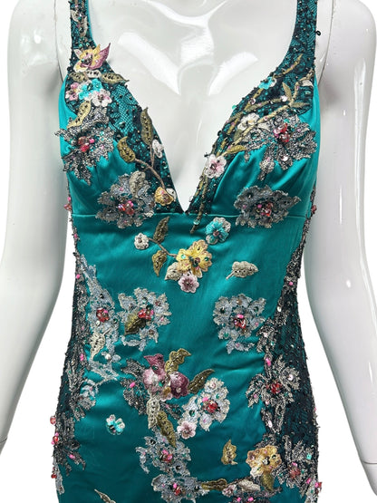 Mandalay Peacock Stretch Satin Beaded Cocktail Dress – Deadstock Y2K Embroidered Dress | Size 6