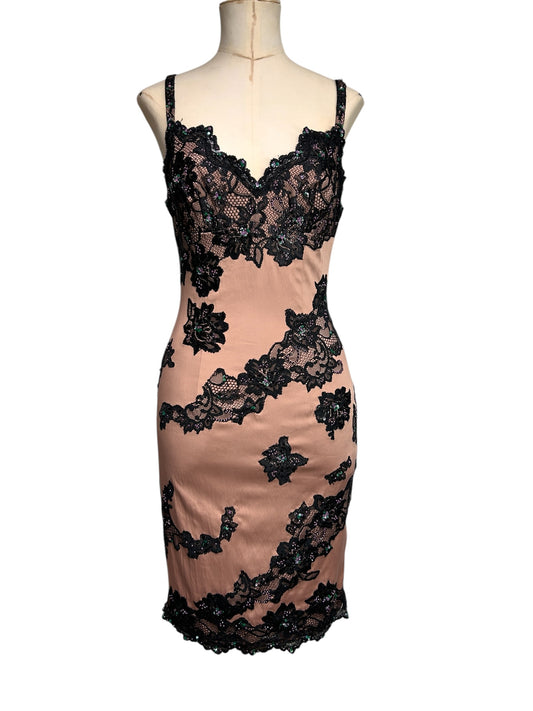 Deadstock Mandalay Pink Silky stretch Dress with Black Lace & Beaded Appliqué — Size 6