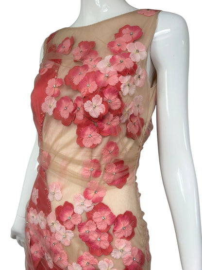 Mandalay Illusion Floral Appliqué Dress – Deadstock Y2K Mesh Cocktail Dress | Size 6. AS-IS