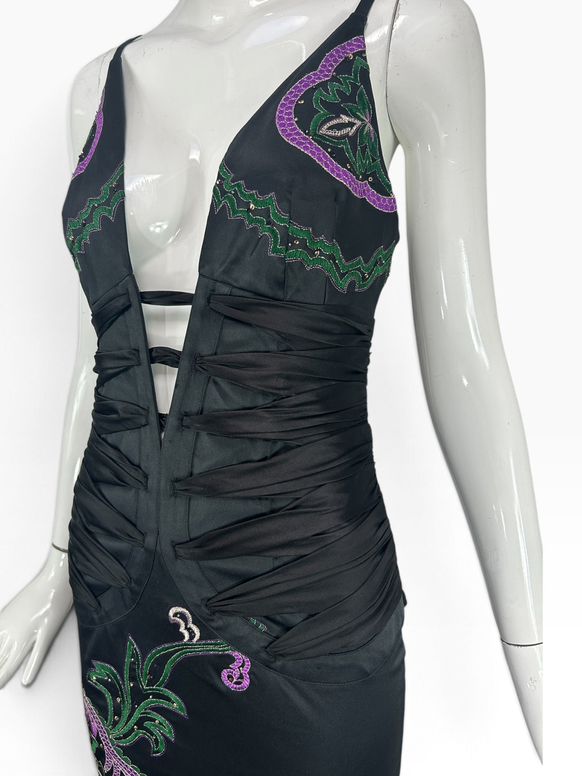 Deadstock Mandalay Embroidered Sharon Stone Style Dress Black  – Size 4 as seen on Devon Lee Carlson