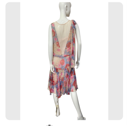 20’s Floral Print Silk Chiffon Dress with Bow Accents and Matching Slip