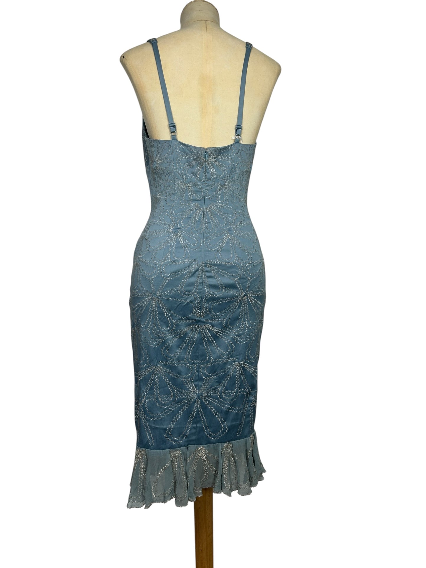 Deadstock Mandalay Sky Blue Satin Embroidered Mermaid Dress – Y2K Silver Embroidery Silk Chiffon Hem Cocktail Dress Size 6
