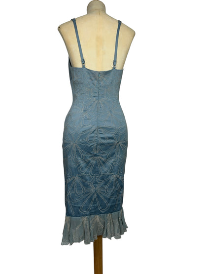 Deadstock Mandalay Sky Blue Satin Embroidered Mermaid Dress – Y2K Silver Embroidery Silk Chiffon Hem Cocktail Dress Size 6