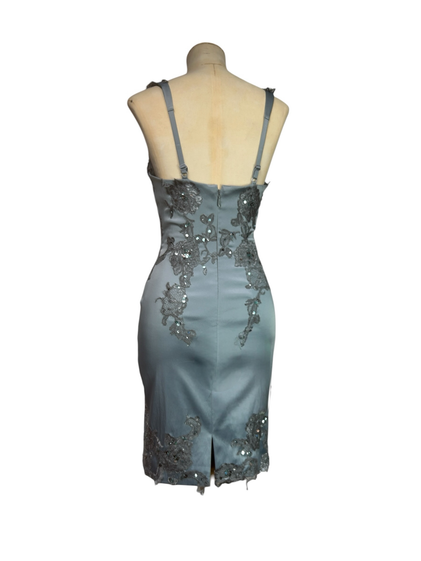 Deadstock Mandalay French Blue Silk Satin Beaded Lace Dress — Size 6