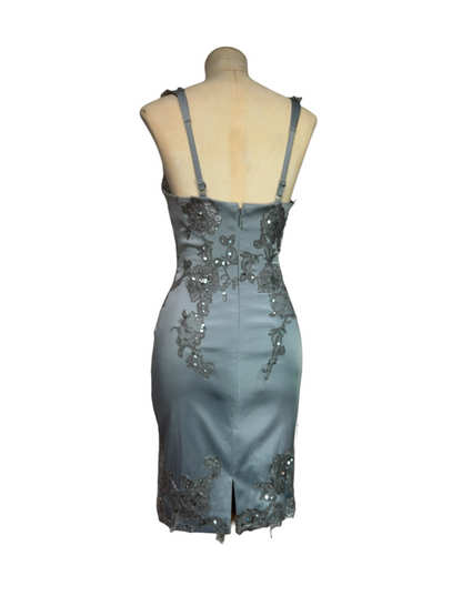 Deadstock Mandalay French Blue Silk Satin Beaded Lace Dress — Size 6